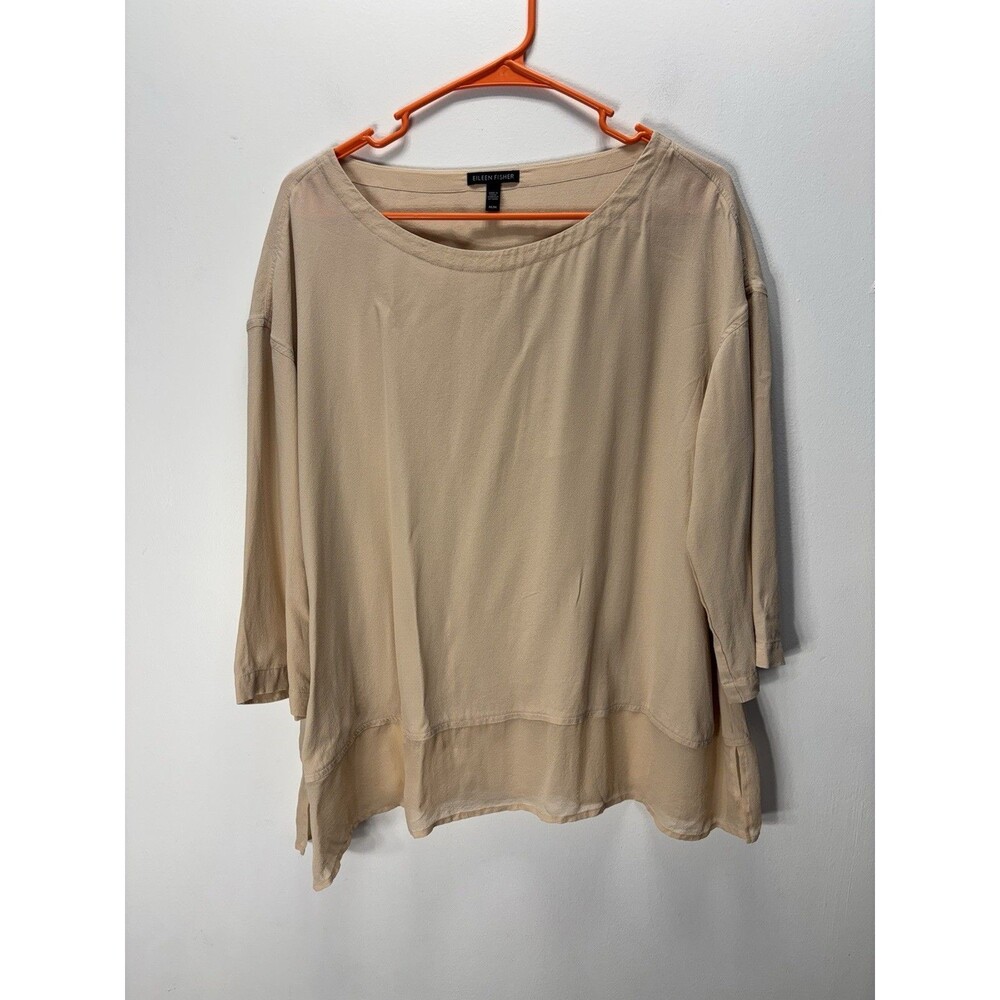 Eileen Fisher women’s oversized  Sz M 100%silk asymmetrical hem lightweight Beig